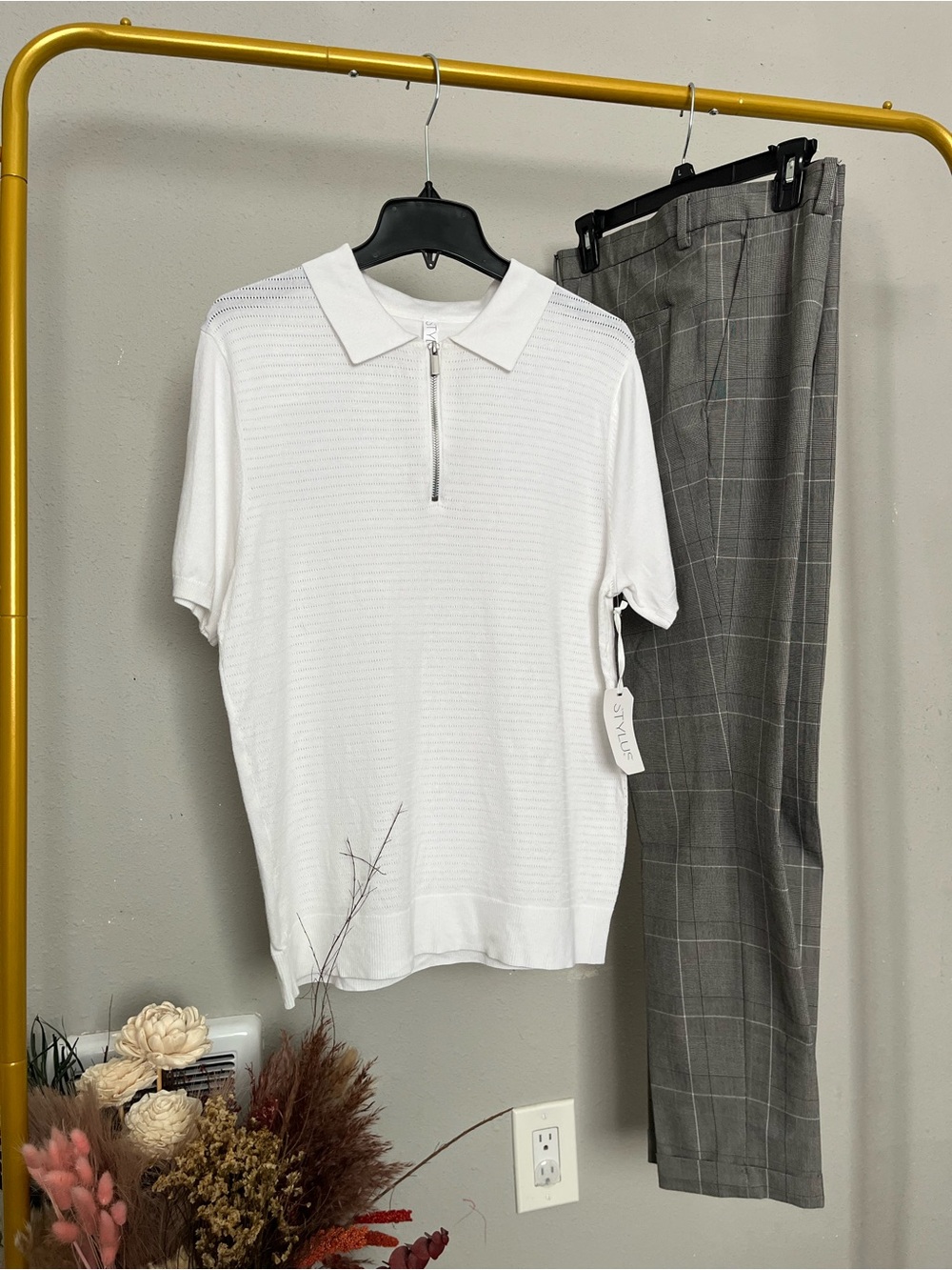 Men’s Outfit Bundle White Polo Zip Shirt + Gray Plaid Pants Smart Casual Set